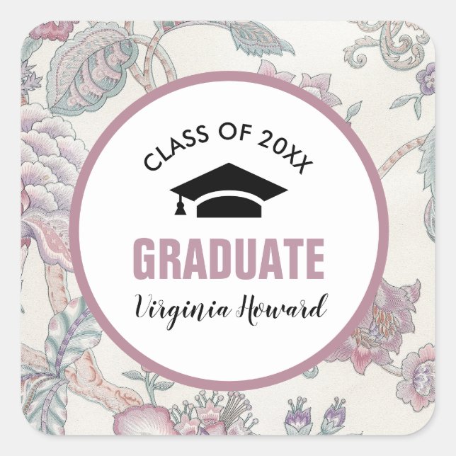 Floral Pattern Custom Graduation Square Sticker (Front)