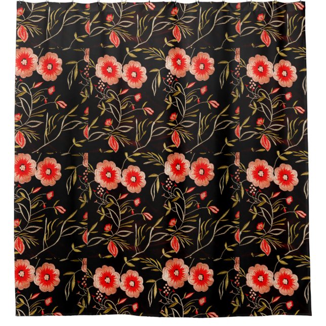 Floral Pattern Dark Background Pink Green red Shower Curtain (Front)