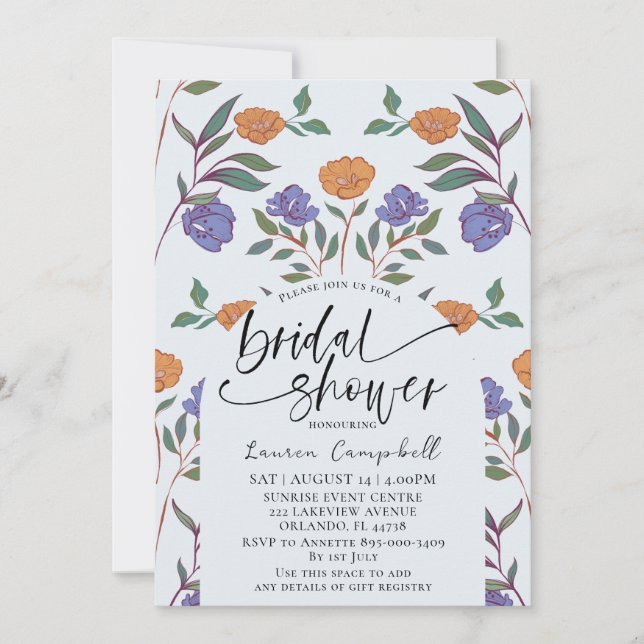 Floral Pattern Dusty Blue & Orange Bridal Shower Invitation (Front)