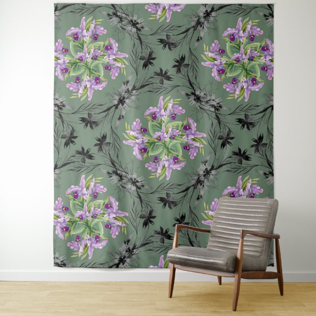 Floral Pattern Flowers Foliage Green Purple   Tapestry (In Situ)
