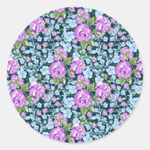 Floral Pattern Flowers in Full Bloom Blue Purple Classic Round Sticker