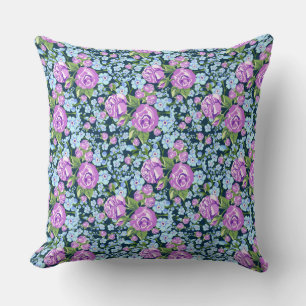 Floral Pattern Flowers in Full Bloom Blue Purple  Cushion