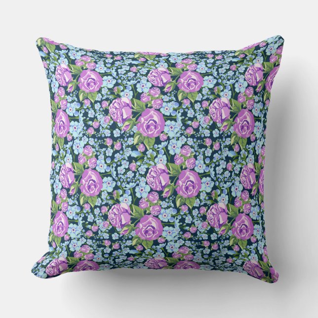 Floral Pattern Flowers in Full Bloom Blue Purple  Cushion (Front)