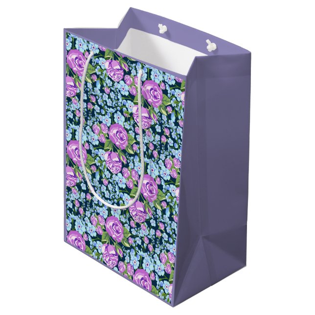 Floral Pattern Flowers in Full Bloom Blue Purple   Medium Gift Bag (Back Angled)