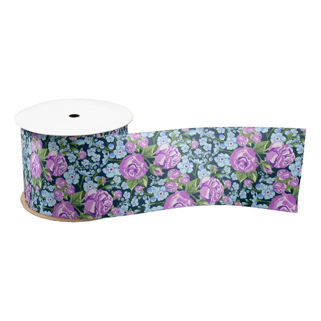 Floral Pattern Flowers in Full Bloom Blue Purple   Satin Ribbon (Spool)