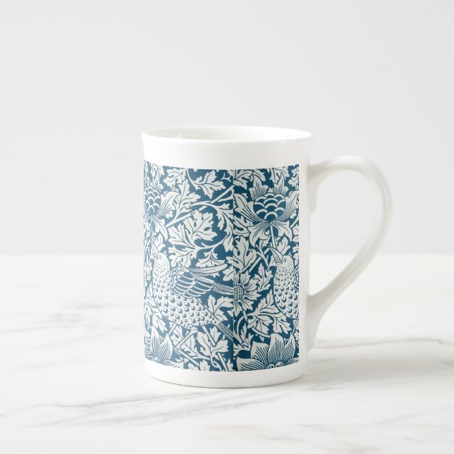 Floral Pattern Flowers Leaves Birds Blue Bone China Mug (Right)
