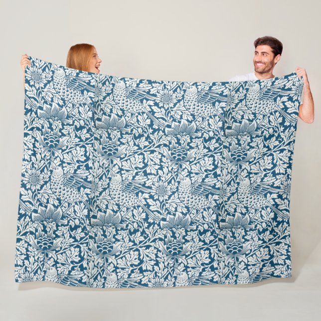 Floral Pattern Flowers Leaves Birds Blue Fleece Blanket (In Situ)