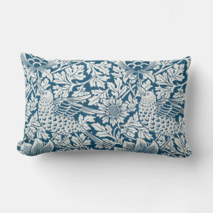 Floral Pattern Flowers Leaves Birds Blue Lumbar Cushion