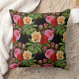 Floral Pattern Flowers Roses Red Pink Yellow Green Cushion