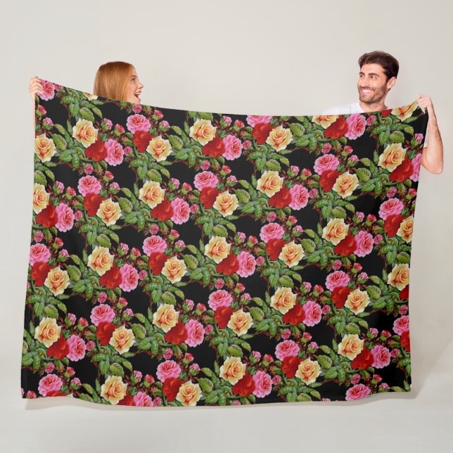 Floral Pattern Flowers Roses Red Pink Yellow Green Fleece Blanket (In Situ)