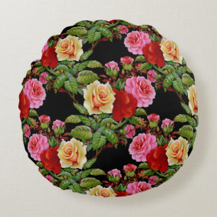 Floral Pattern Flowers Roses Red Pink Yellow Green Round Cushion