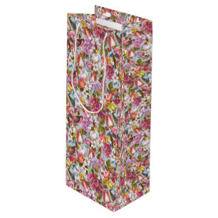 Floral Pattern Foliage Birds Butterflies Peony  Wine Gift Bag
