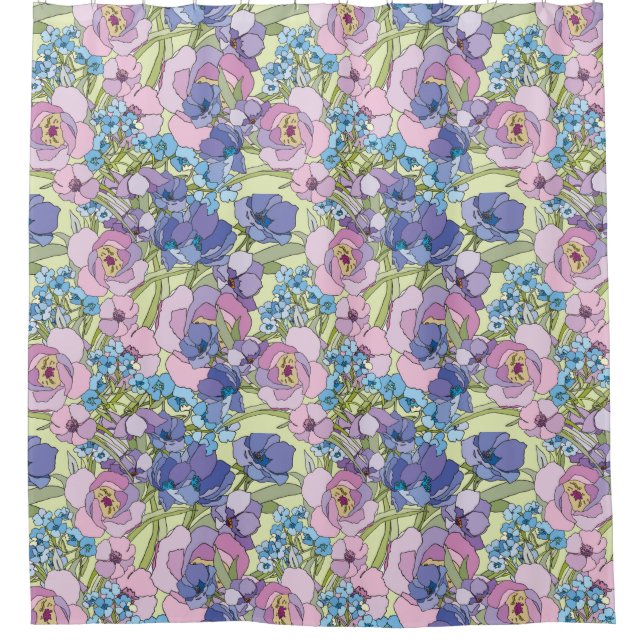 Floral Pattern Foliage Flowers Roses Forget-me-not Shower Curtain (Front)