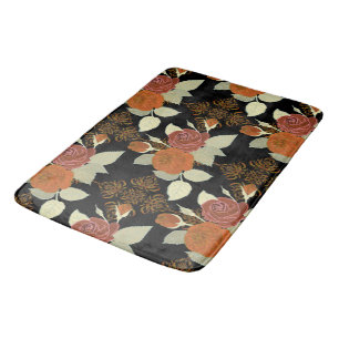 Floral Pattern Foliage Roses on Black Background Bath Mat