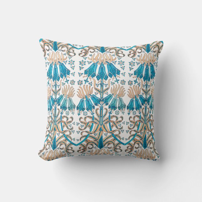 Floral Pattern French Art Nouveau Blue White Cushion (Front)