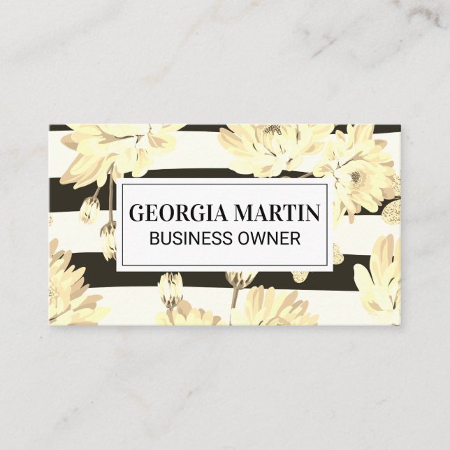 Floral pattern glittering butterflies | Stripes Business Card (Front)