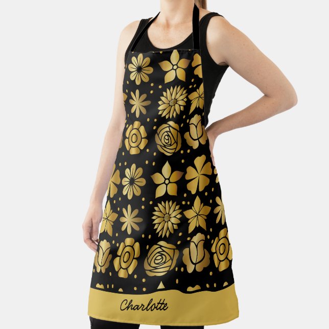 Floral pattern gold doodle rose personalised name apron (Insitu)