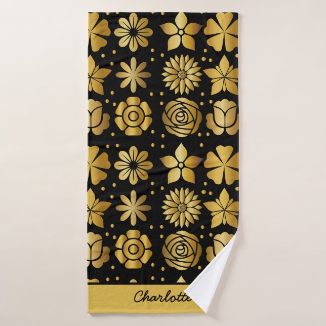 Floral pattern gold doodle rose personalised name bath towel (Bath Towel)