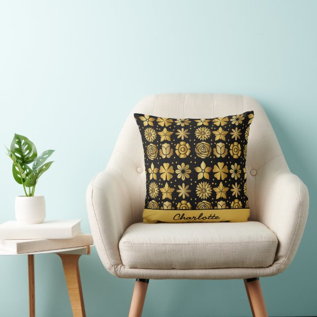 Floral pattern gold doodle rose personalised name cushion (Chair)