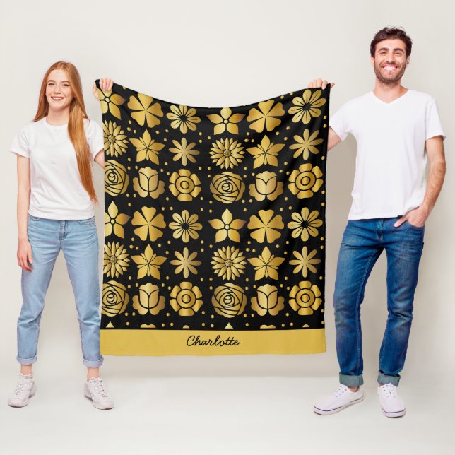 Floral pattern gold doodle rose personalised name fleece blanket (In Situ)