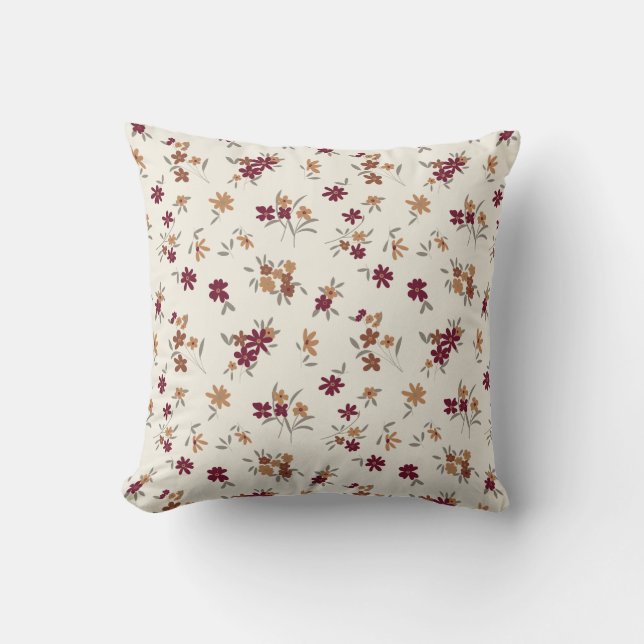 Floral Pattern Gold Grey Maroon Ditsy Cushion (Front)