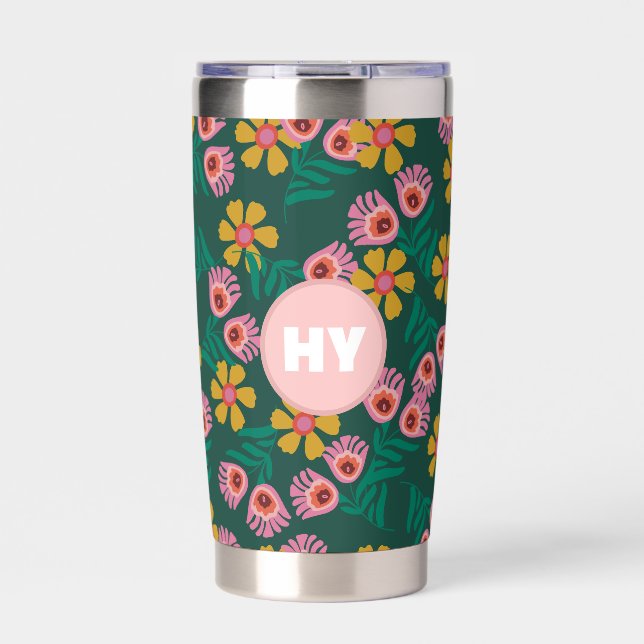 Floral pattern green cute monogram Water Bottle Insulated Tumbler (Front)