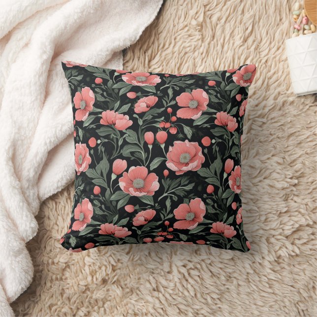 Floral Pattern Green Oak Leaves and Pink Flowers  Cushion (Blanket)