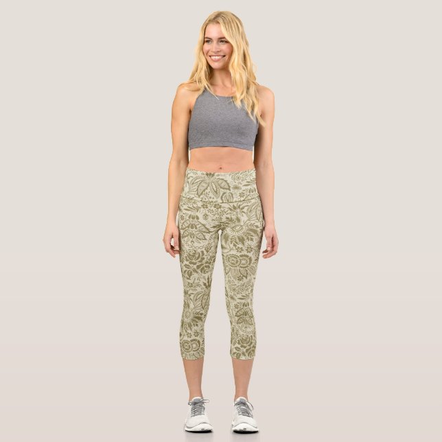 Floral Pattern Green Sage Antique Damask Capri Leggings (Front)