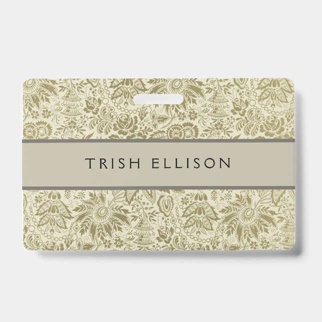 Floral Pattern Green Sage Antique Damask ID Badge (Front)
