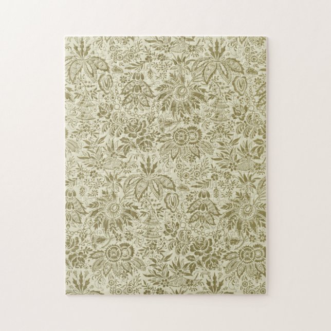 Floral Pattern Green Sage Antique Damask Jigsaw Puzzle (Vertical)