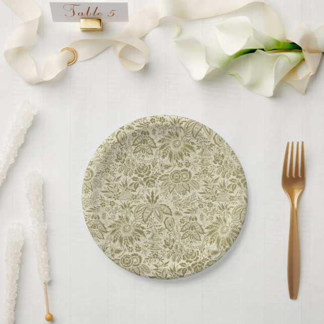 Floral Pattern Green Sage Antique Damask Paper Plate (Wedding)