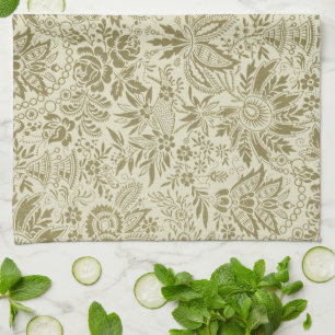 Floral Pattern Green Sage Antique Damask Tea Towel