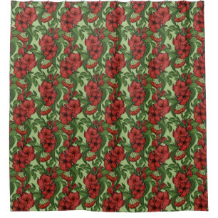 Floral Pattern Greenery Red Flowers in Full Bloom Shower Curtain