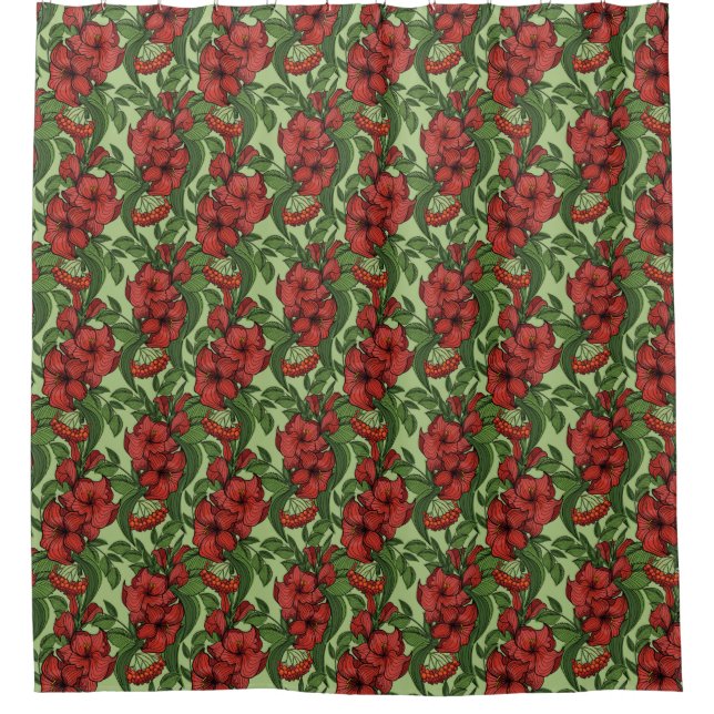 Floral Pattern Greenery Red Flowers in Full Bloom  Shower Curtain (Front)