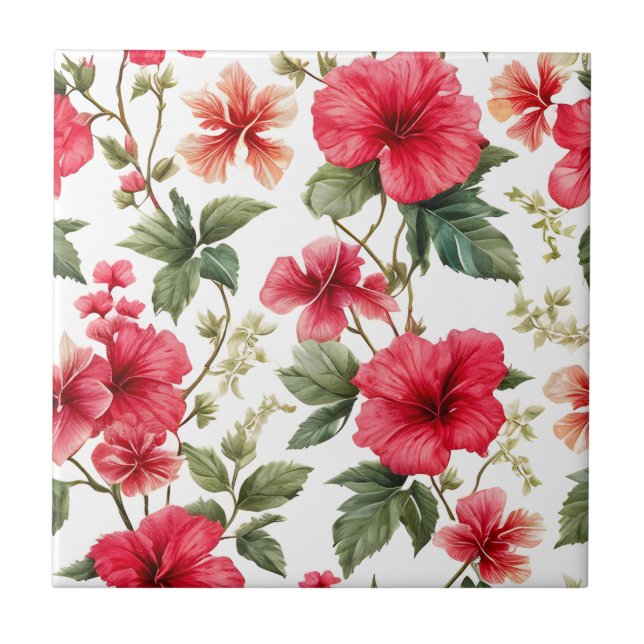 Floral Pattern Hibiscus Flowers Ceramic Tile (Front)