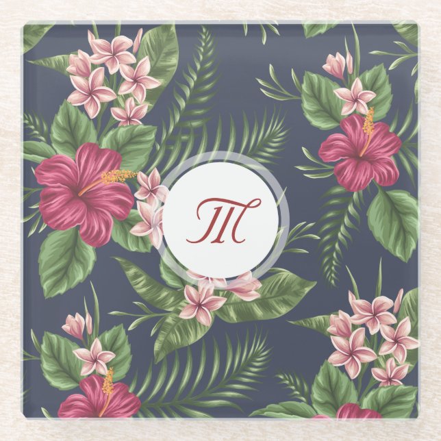 Floral Pattern Hibiscus Monogram Glass Coaster (Front)