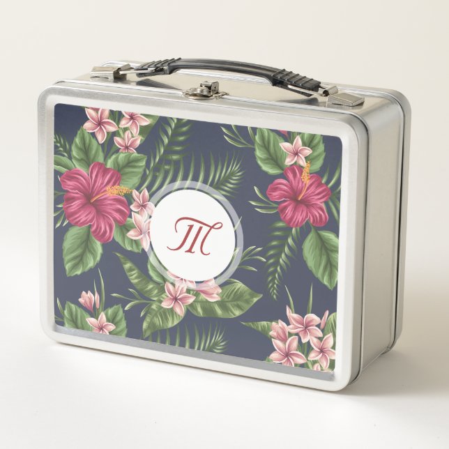 Floral Pattern Hibiscus Monogram Metal Lunchbox (Front)