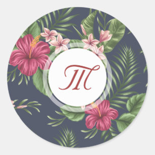 Floral Pattern Hibiscus Monogram Round Sticker
