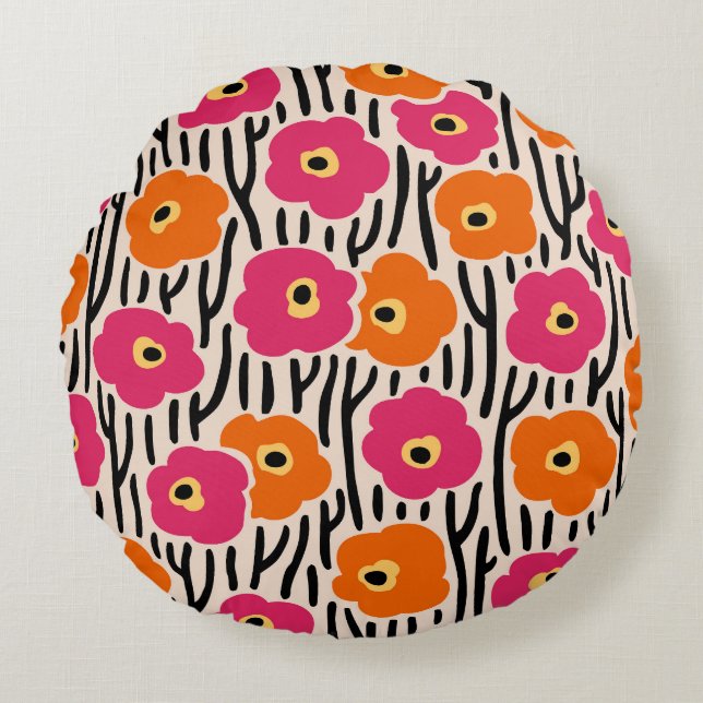 Floral Pattern Hot Pink and Orange Round Cushion (Front)