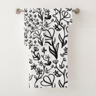 Floral Pattern in Black and White Bath Towel Set