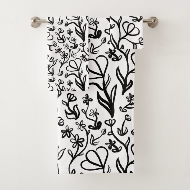 Floral Pattern in Black and White Bath Towel Set (Insitu)