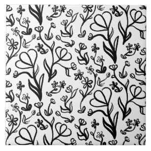 Floral Pattern in Black and White Ceramic Tile