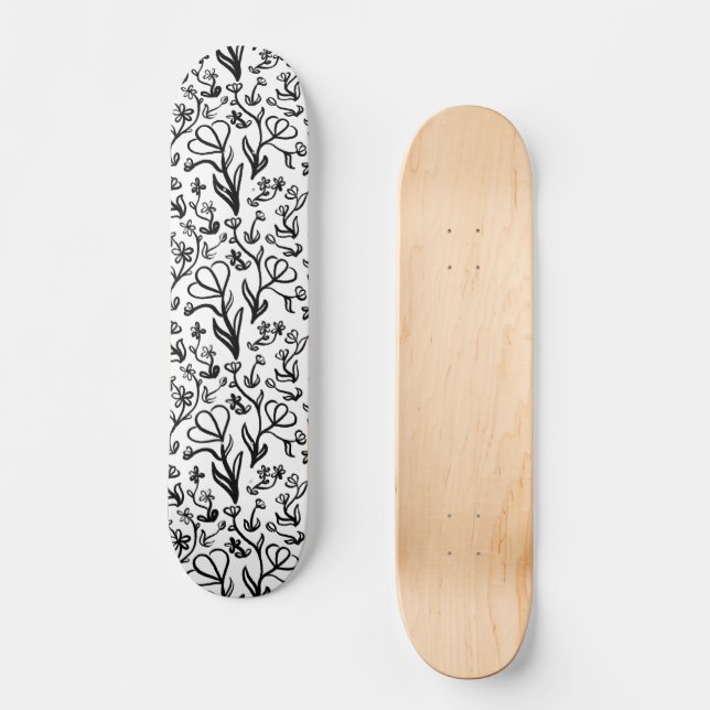 Floral Pattern in Black and White Skateboard (Front)