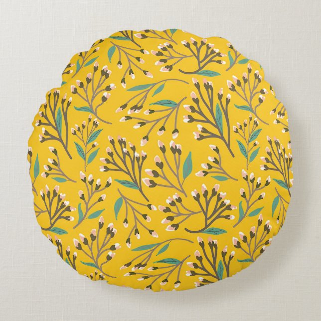 Floral Pattern in  delicate branches and buds Round Cushion (Front)