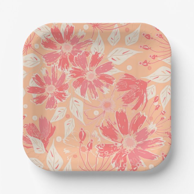 Floral pattern in fashionable peach shades paper plate (Front)