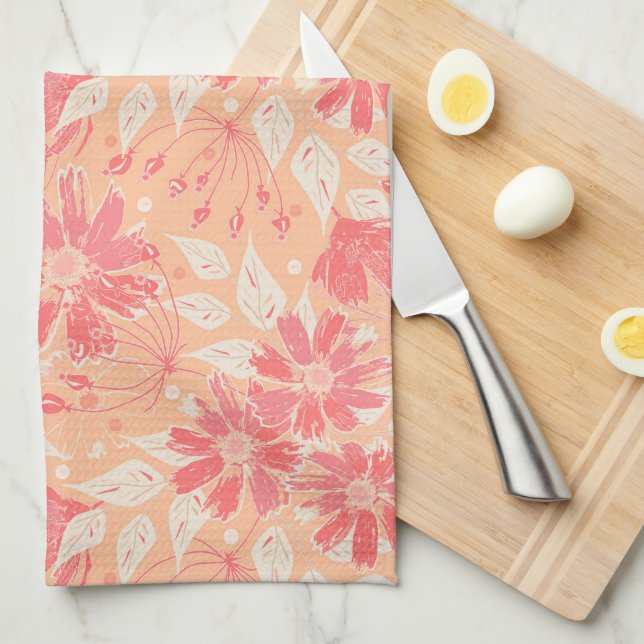 Floral pattern in fashionable peach shades tea towel (Quarter Fold)