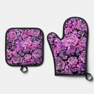 Floral Pattern in Hot Pink Oven Mitt & Pot Holder Set
