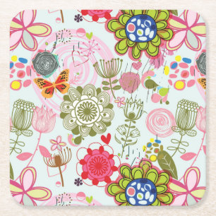 Floral pattern in retro style 2 square paper coaster