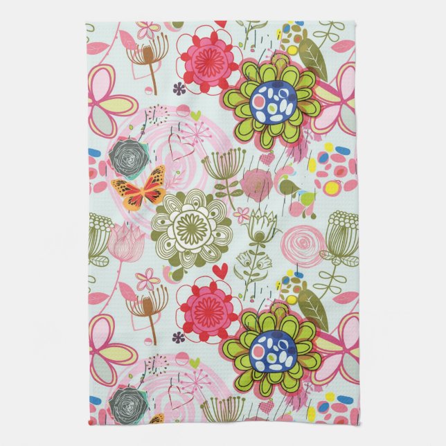 Floral pattern in retro style 2 tea towel (Vertical)