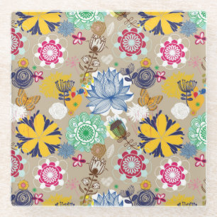 Floral pattern in retro style 3 glass coaster